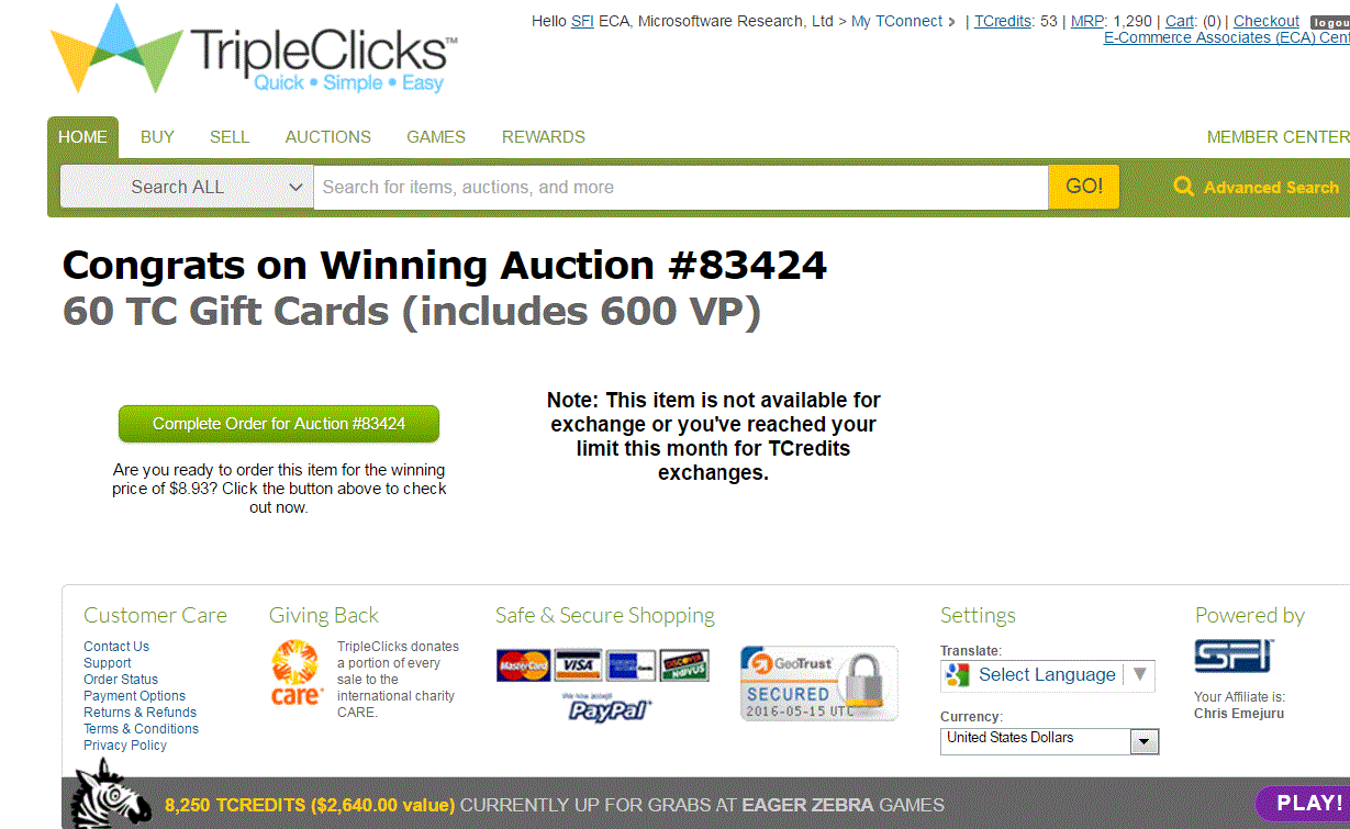 Pricebenders Auction Win